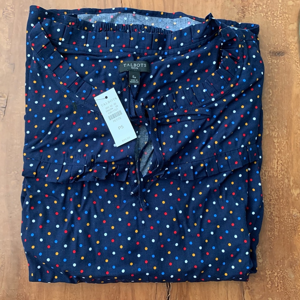 NWT Talbots Navy Multicolored Polka Dots Blouse.